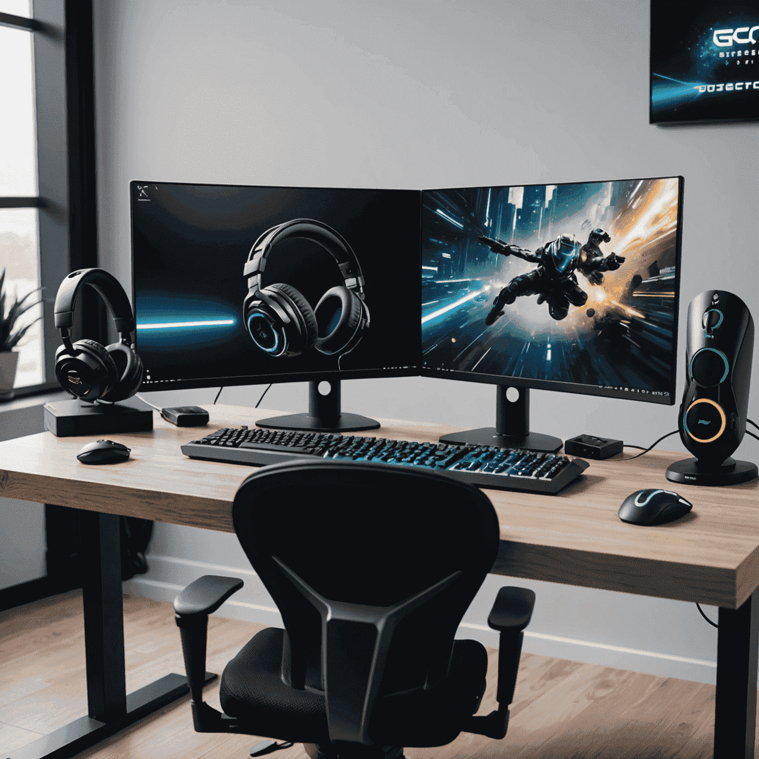 A professional gaming setup showcasing various high-end gaming accessories including a curved monitor, RGB keyboard, ergonomic mouse, and gaming headset on a sleek desk