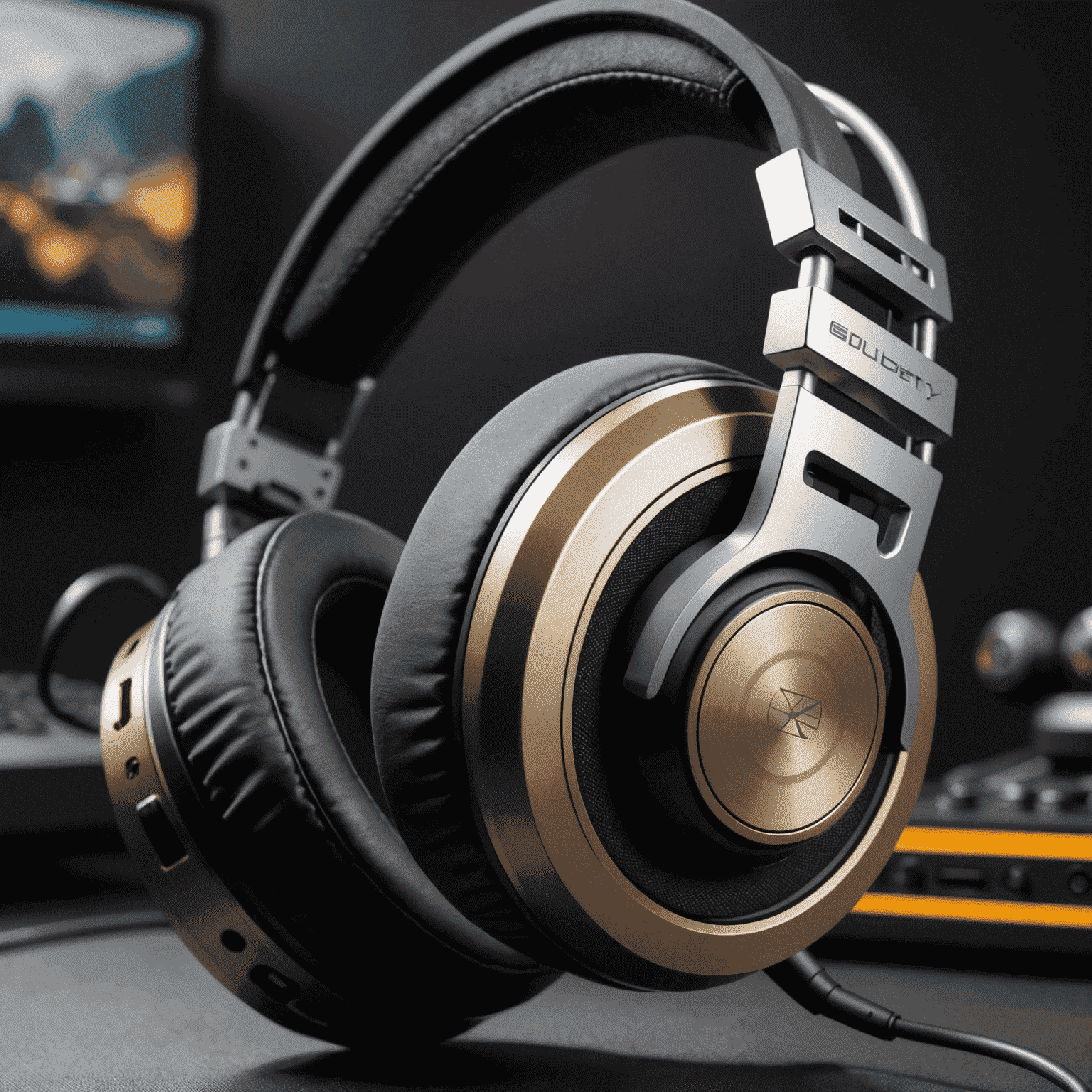 Close-up of a gaming headset showcasing its sturdy construction, with visible aluminum frame and cushioned ear cups